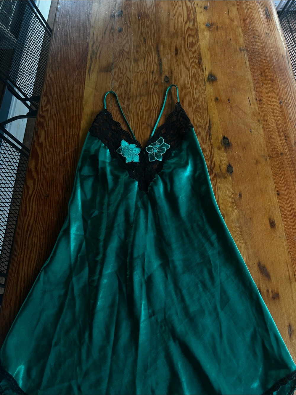 VINTAGE Silky Emerald Green Lace-Trim Slip Dress